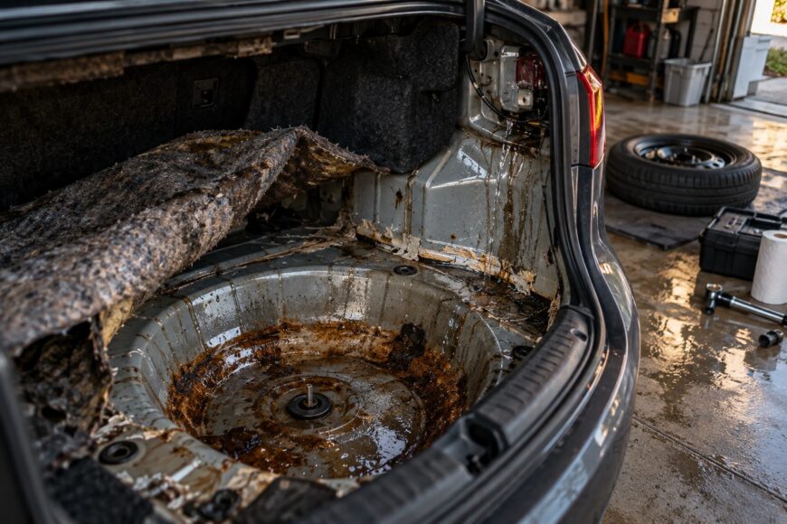 Severely rusted spare tire well and trunk floor inside an open car trunk with water damage