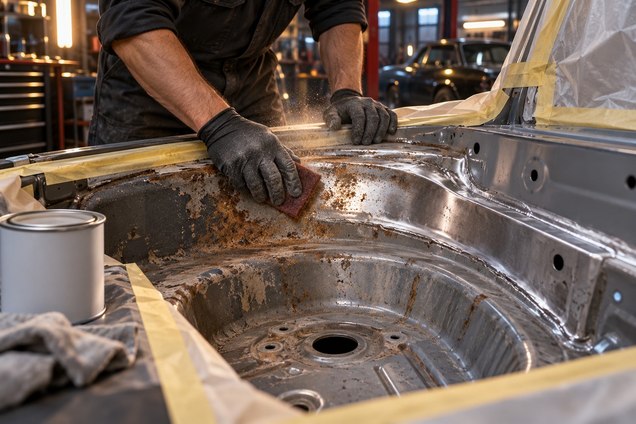 Mechanic wearing black gloves uses a scouring pad to remove rust from a car spare tire well inside a workshop