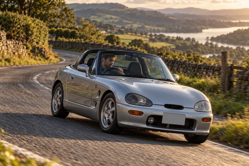 A silver Suzuki Cappuccino kei roadster driving along a winding country road during sunset with a driver