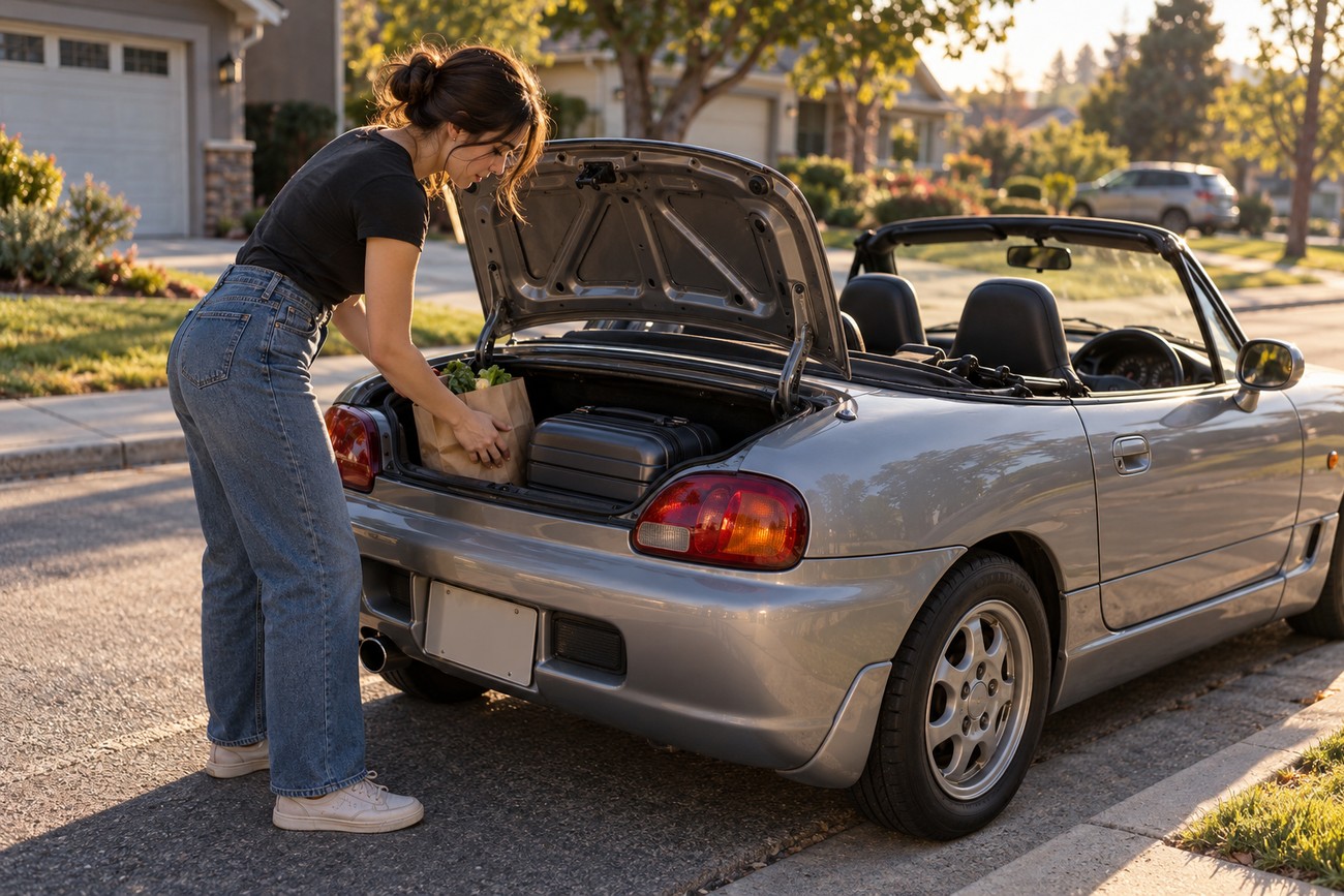 A woman loading a paper grocery bag into the small open trunk of a silver Suzuki Cappuccino parked on a sunny street