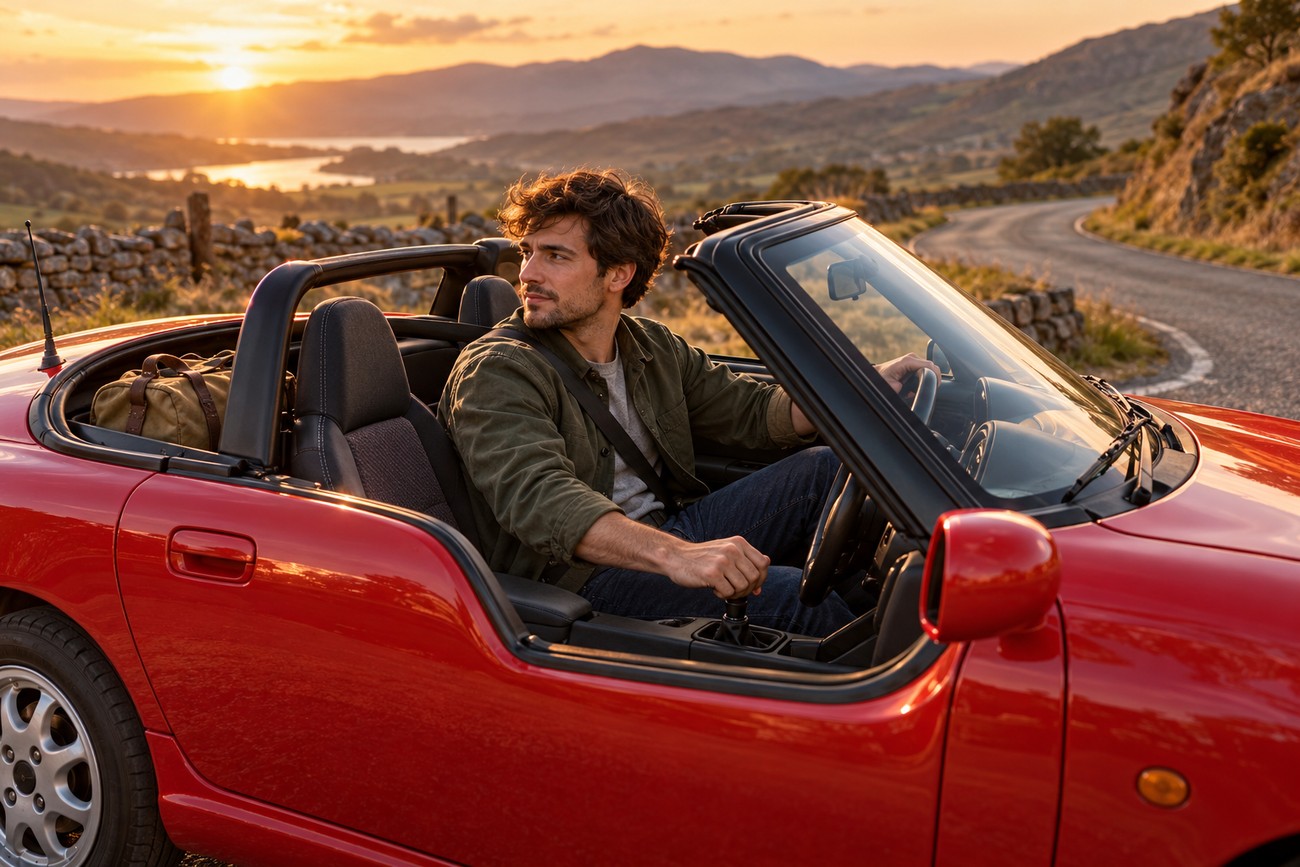 A man driving a red Suzuki Cappuccino kei roadster on a winding coastal road at sunset