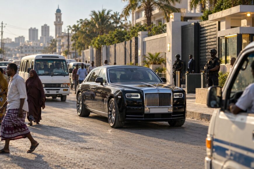 A black Rolls-Royce Phantom driving on a dusty street in Mogadishu past pedestrians and guards