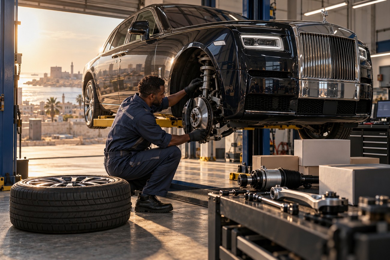 A mechanic in overalls inspecting the suspension system of a black Rolls-Royce Phantom lifted in a garage with a view of Mogadishu
