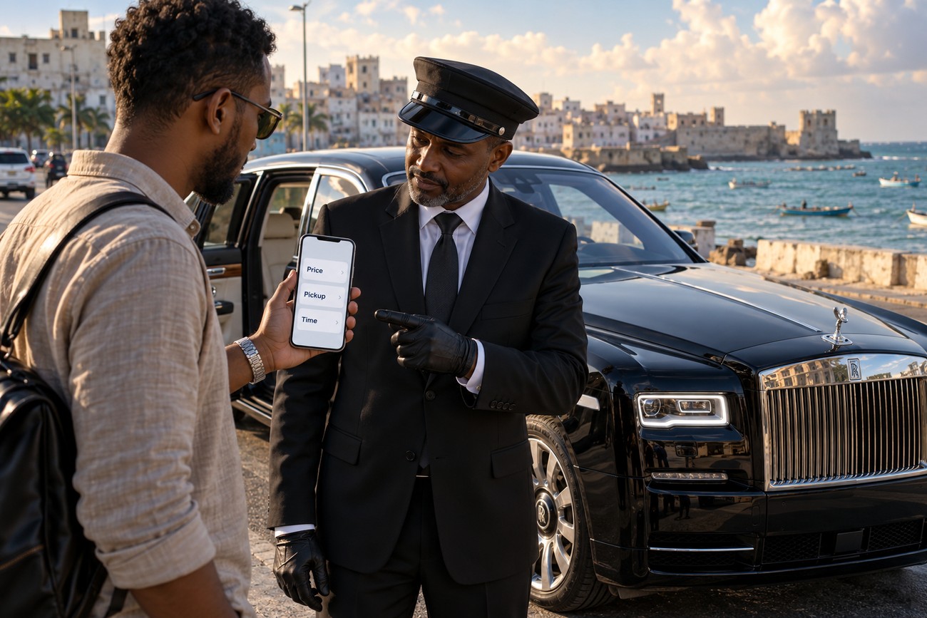 A chauffeur in a black suit pointing at a ride booking app on a smartphone held by a passenger next to a luxury Rolls-Royce Phantom in Mogadishu