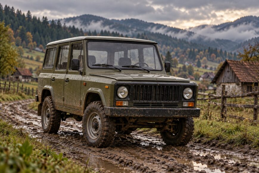 An olive green ARO 24 rugged off-road vehicle drives along a muddy rural track through a scenic mountain landscape