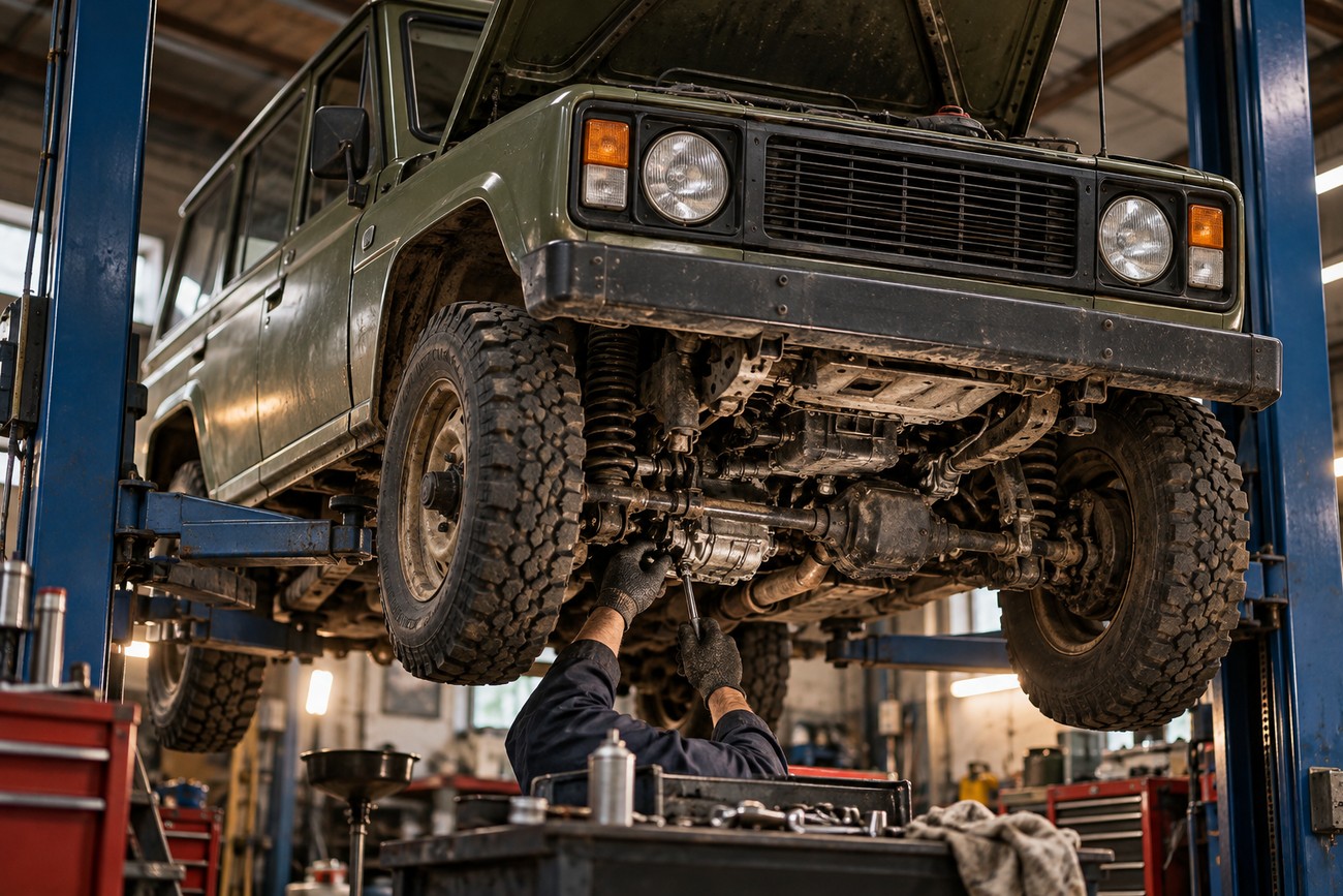 A mechanic in gloves repairing the undercarriage of a classic green ARO 24 off-roader lifted on a hydraulic hoist in a workshop