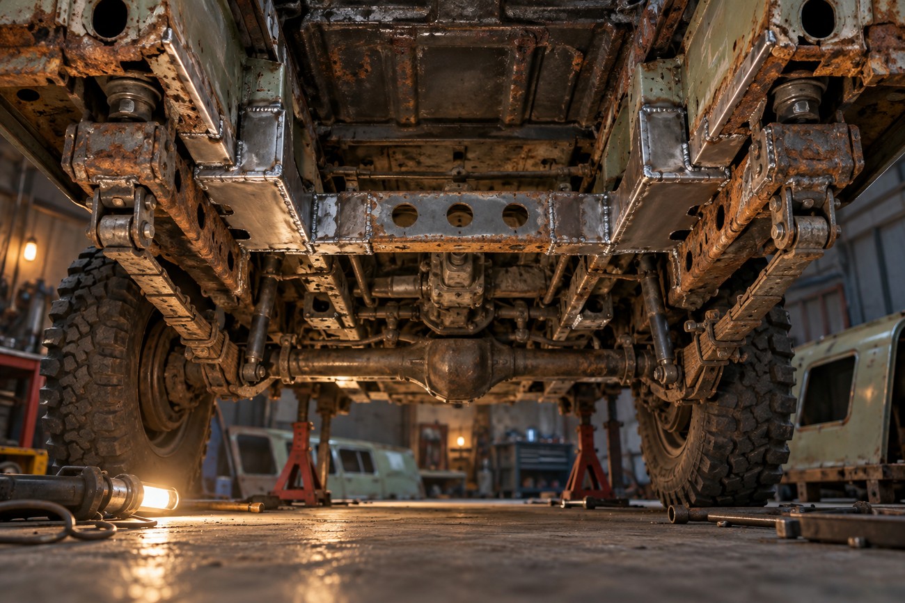 Undercarriage view of an ARO 24 off-roader raised on jack stands showing welded frame repairs and leaf spring suspension in a garage