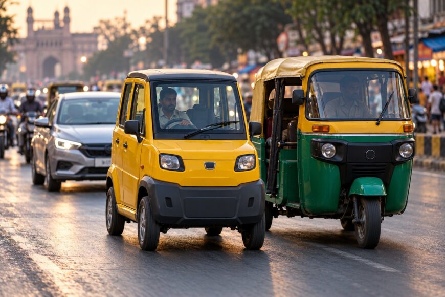 A yellow Bajaj Qute quadricycle driving on a busy street next to a green and yellow auto rickshaw