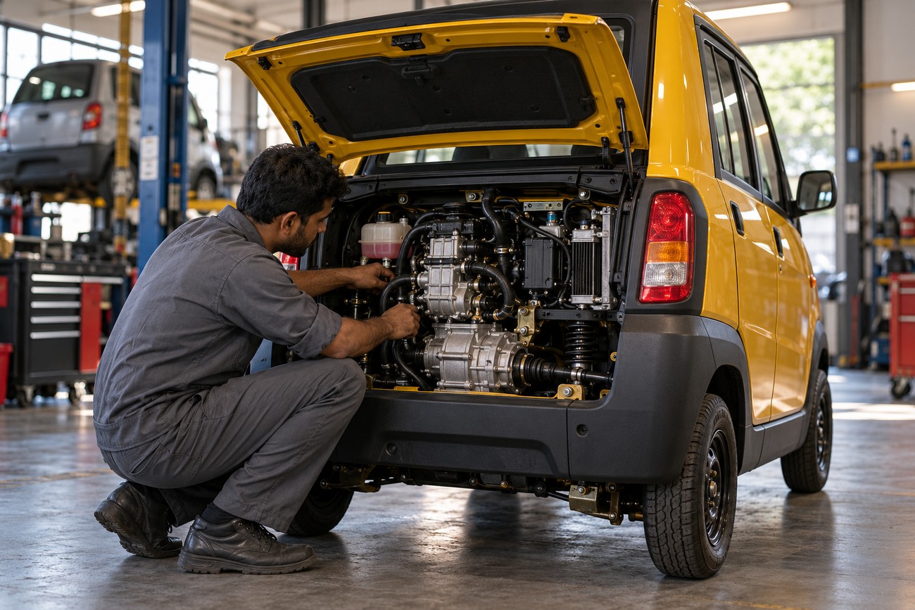 Mechanic in grey overalls inspecting the rear engine of a yellow Bajaj Qute quadricycle in a garage