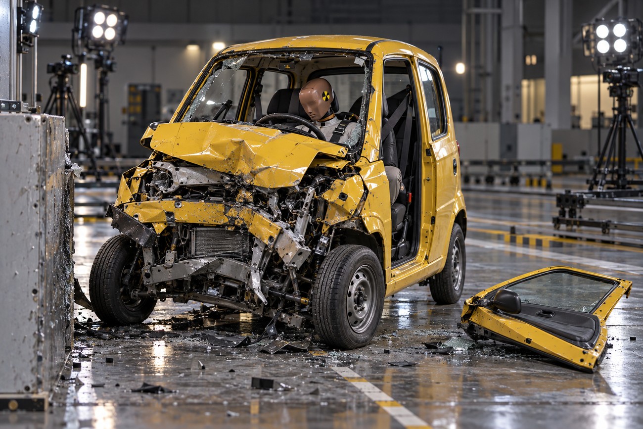 A heavily damaged yellow Bajaj Qute quadricycle after a frontal crash test in a testing facility with a detached door on the floor