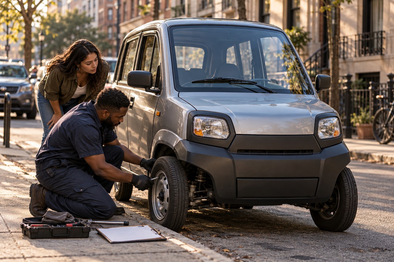 A mechanic in blue uniform kneeling and repairing the front wheel of a silver Bajaj Qute quadricycle on a city street with a woman standing next to him