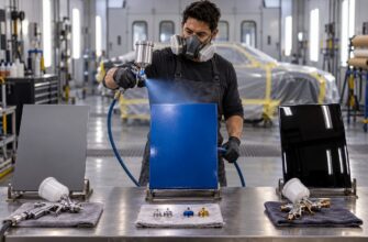 A technician wearing a respirator applies a blue base coat with a spray gun in an automotive body shop