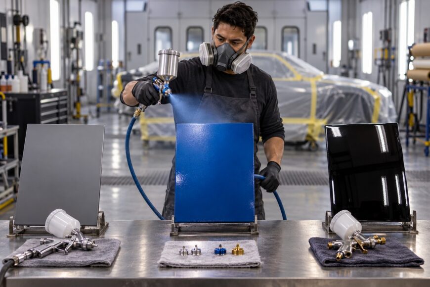 A technician wearing a respirator applies a blue base coat with a spray gun in an automotive body shop