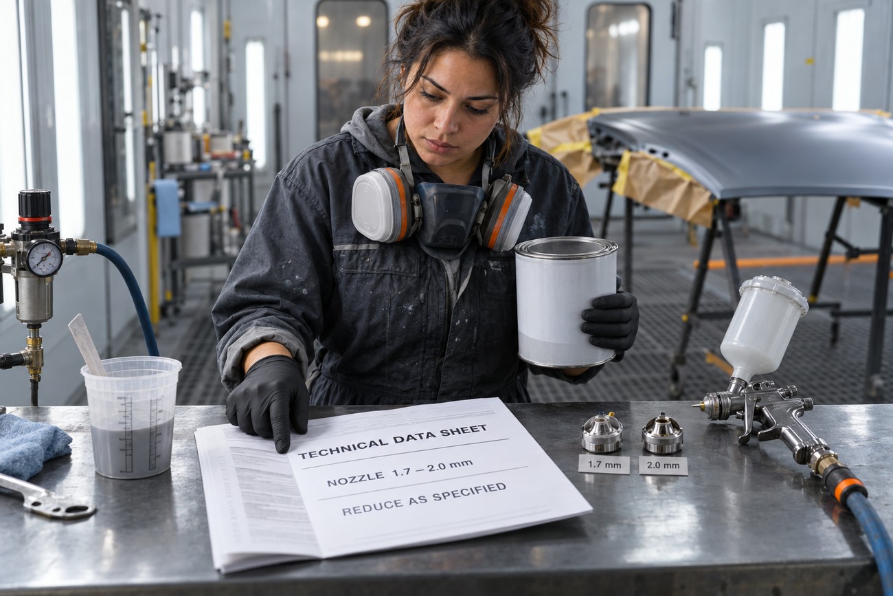 Female technician wearing a respirator checks a technical data sheet next to spray gun nozzles and a paint cup in a workshop