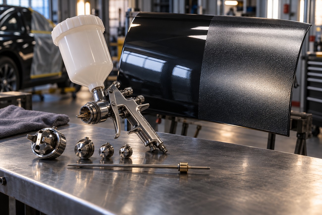 An automotive paint spray gun and multiple nozzle sizes resting on a metal workbench in a body shop