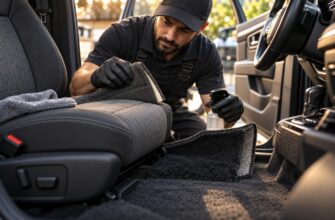 A professional cleaner wearing gloves wipes down a cloth car seat with a microfiber towel next to interior carpets