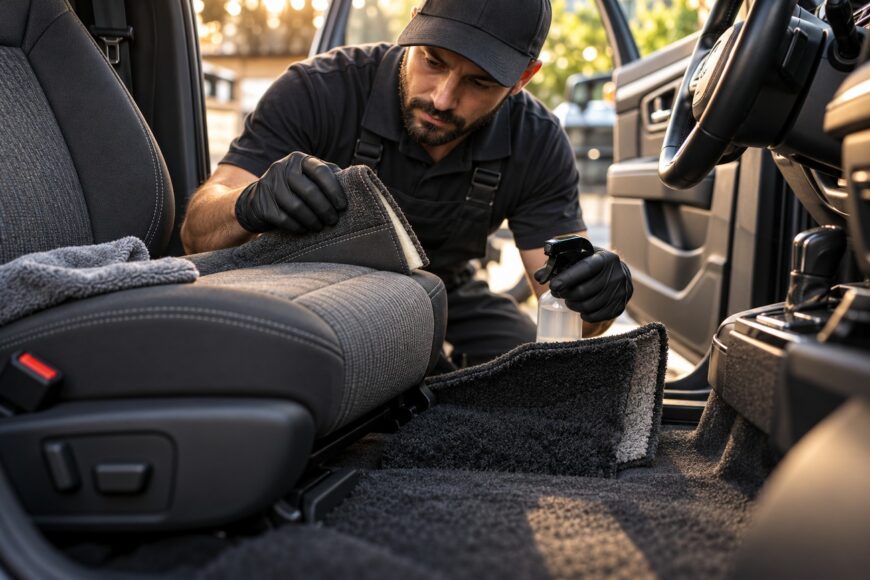 A professional cleaner wearing gloves wipes down a cloth car seat with a microfiber towel next to interior carpets