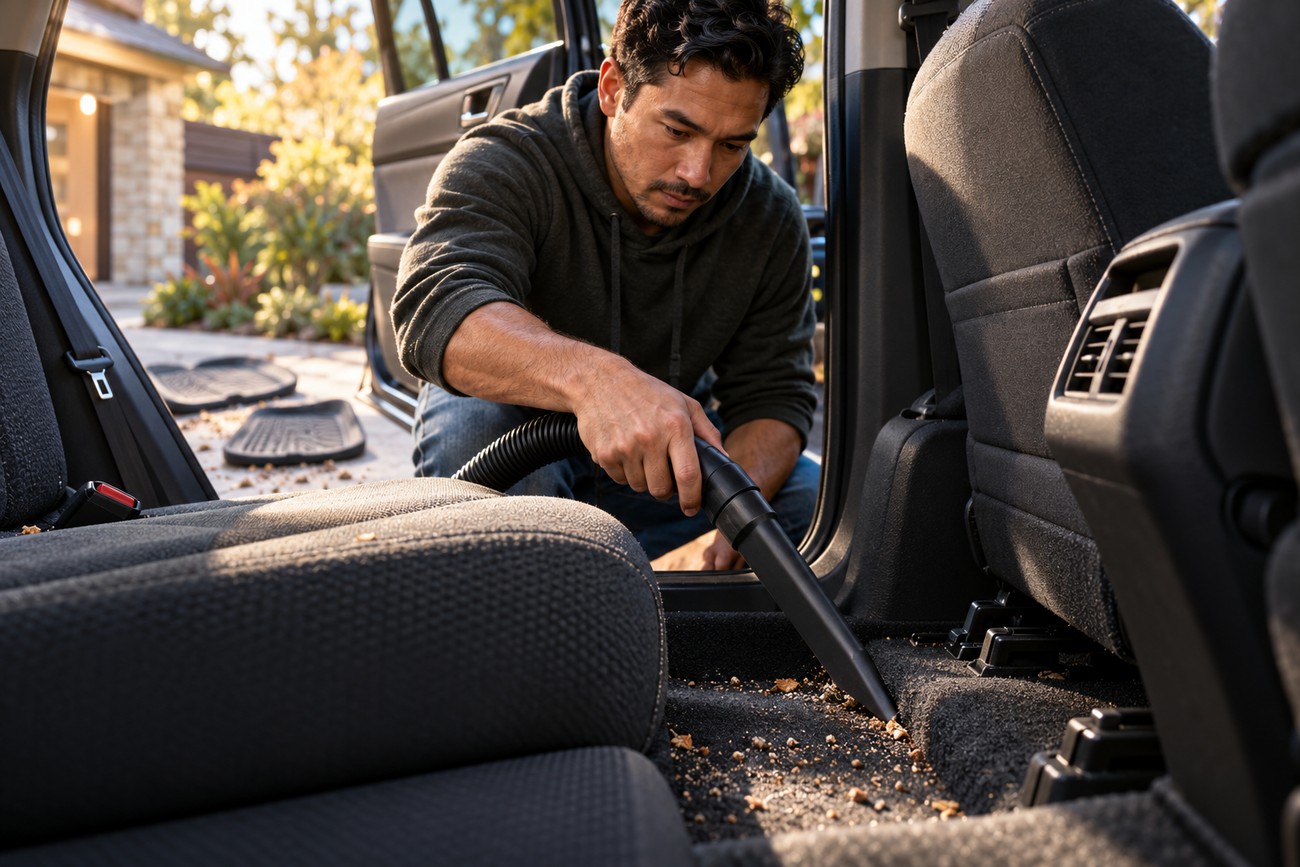 A man vacuuming dirt and debris from the carpet and cloth seats inside a car
