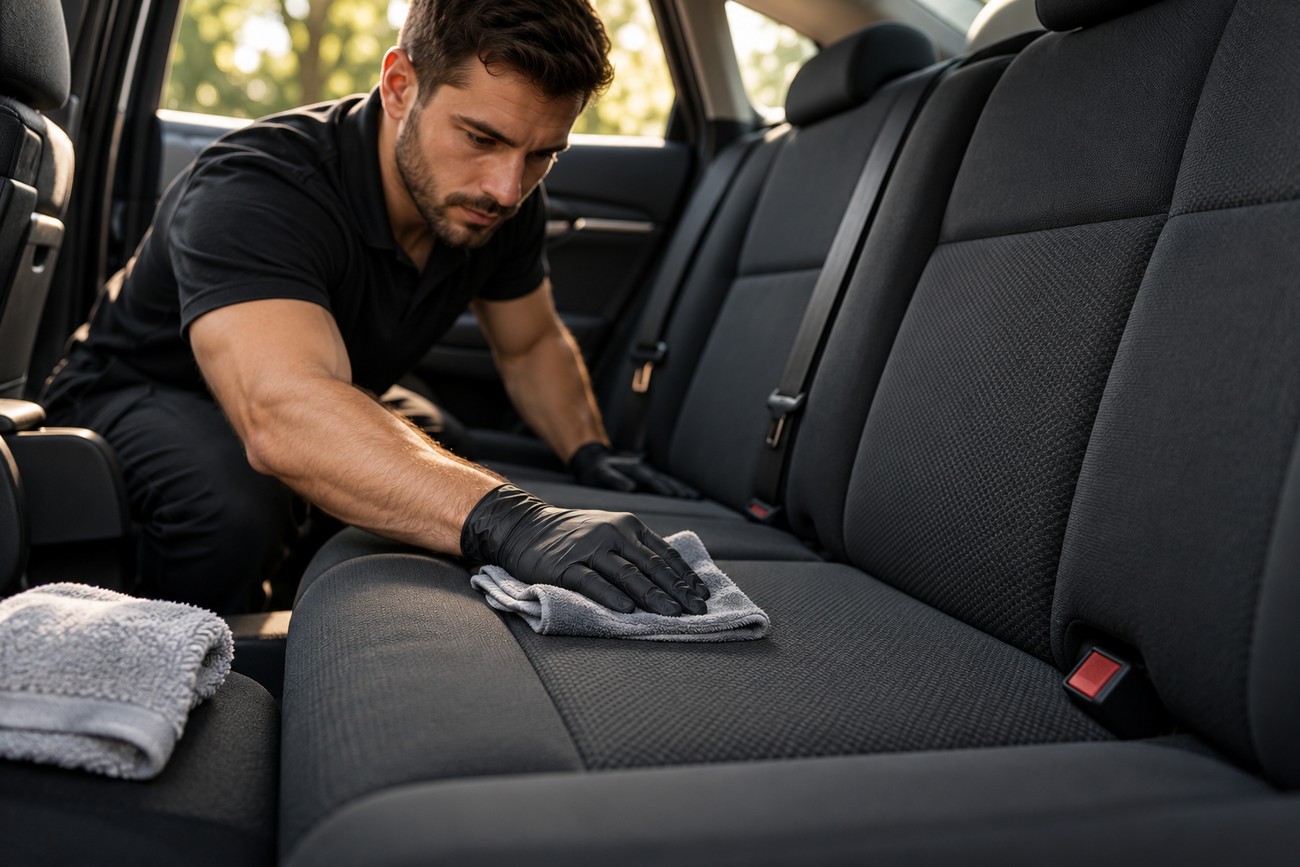 A professional car detailer in black gloves wiping and cleaning the dark fabric rear seats with a microfiber cloth