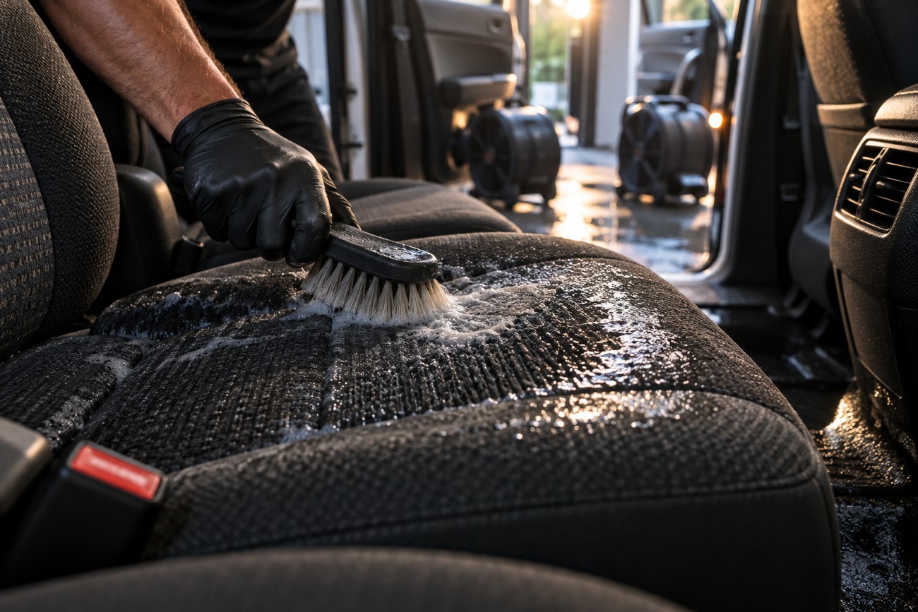 Person wearing black gloves cleaning car cloth seats with a brush and soapy foam inside the vehicle