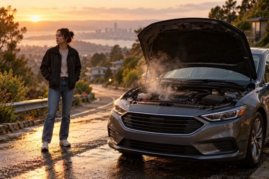 A woman standing by a gray car with its hood open and steam rising from the overheated engine on a winding road at sunset