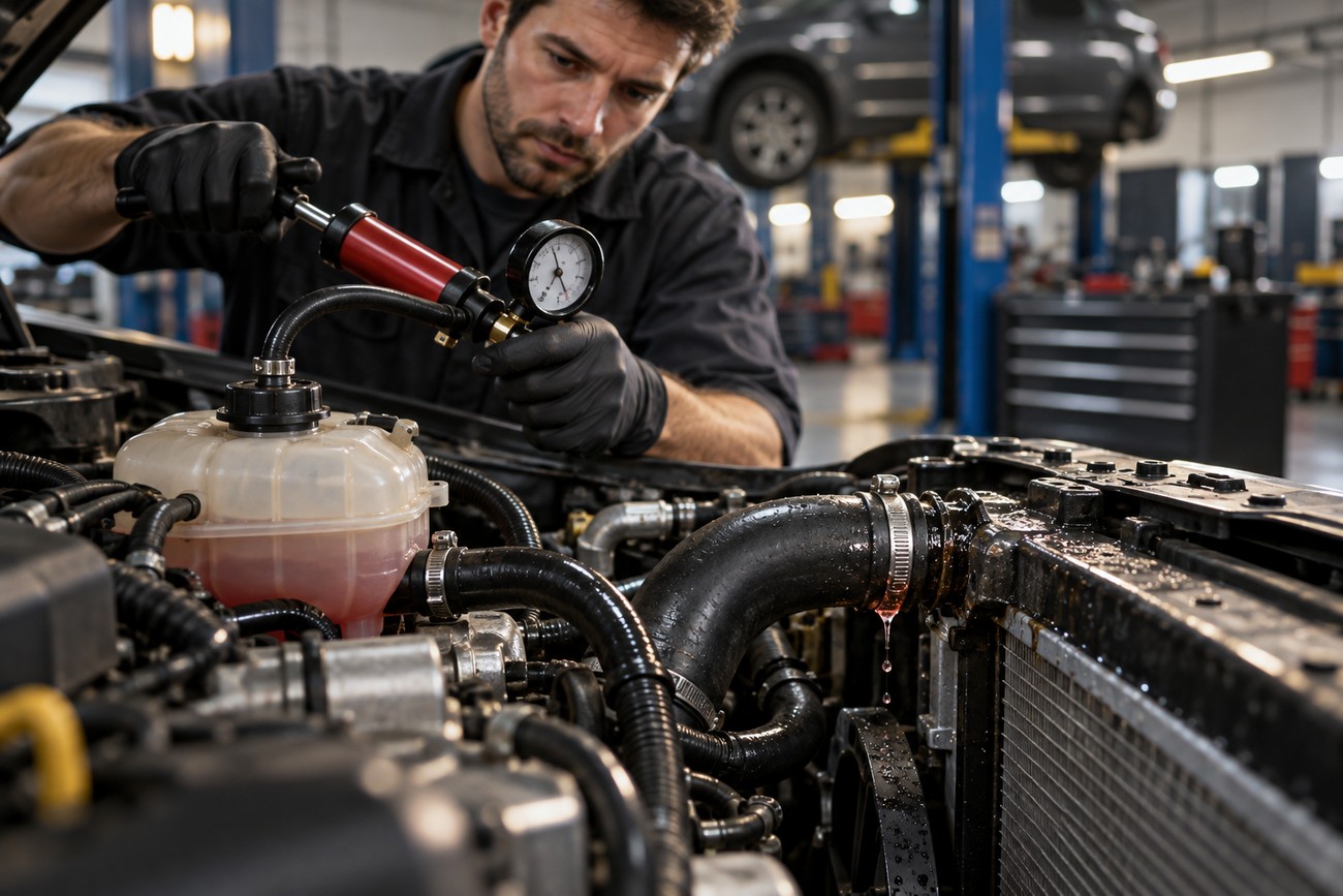 A mechanic wearing gloves checks the cooling system pressure with a pump connected to a car coolant reservoir in a garage
