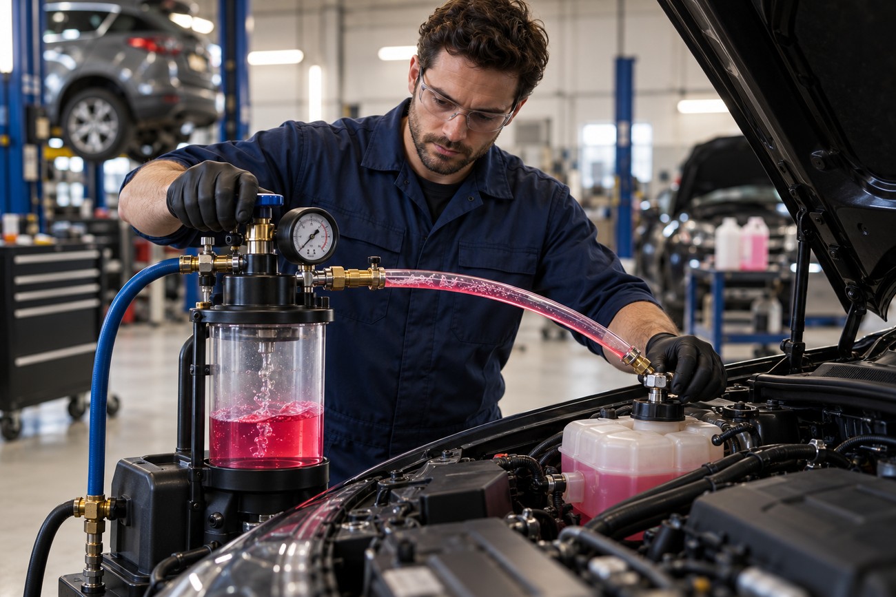 A mechanic in safety glasses and gloves uses a coolant exchange machine to fill a car radiator reservoir with pink antifreeze in an auto repair shop
