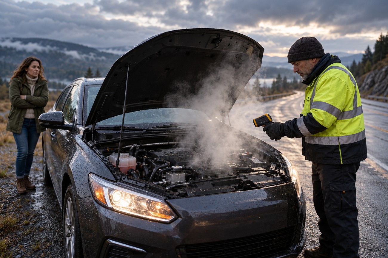 A roadside mechanic in a high-visibility jacket checks a smoking, overheated car engine with a thermal thermometer while the driver watches