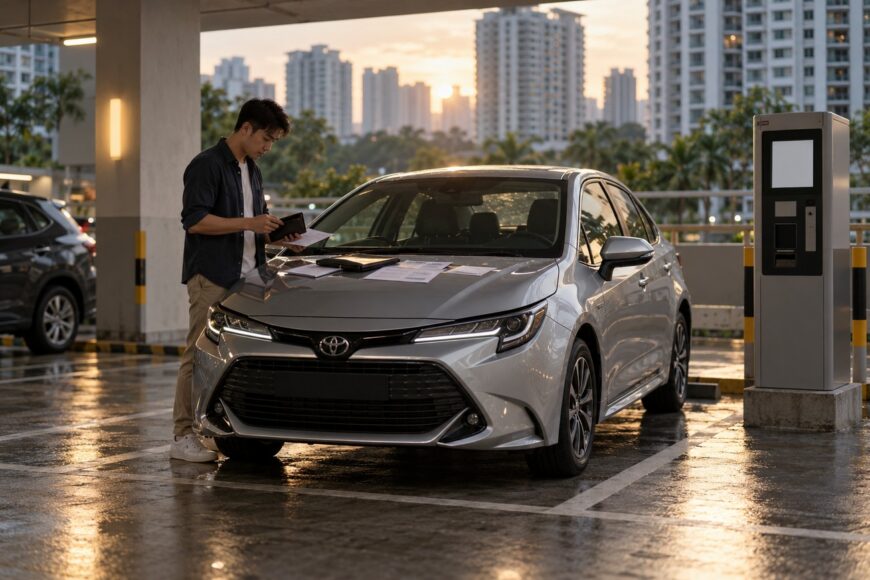 An Asian man holds paperwork standing beside a silver Toyota Corolla in a covered Singapore parking lot at sunset