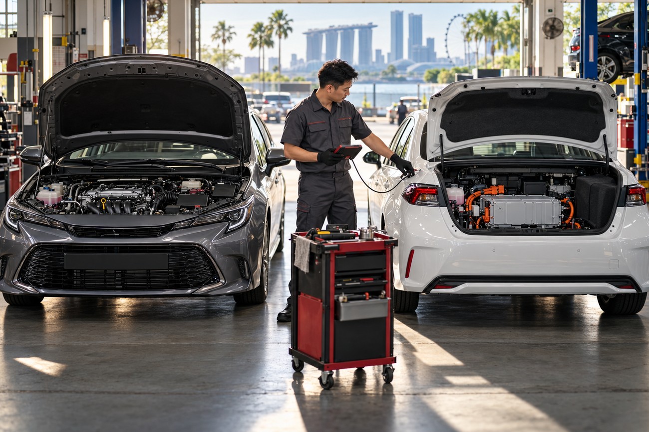 A mechanic in a uniform diagnostics a Toyota Corolla in a bright Singapore auto repair shop