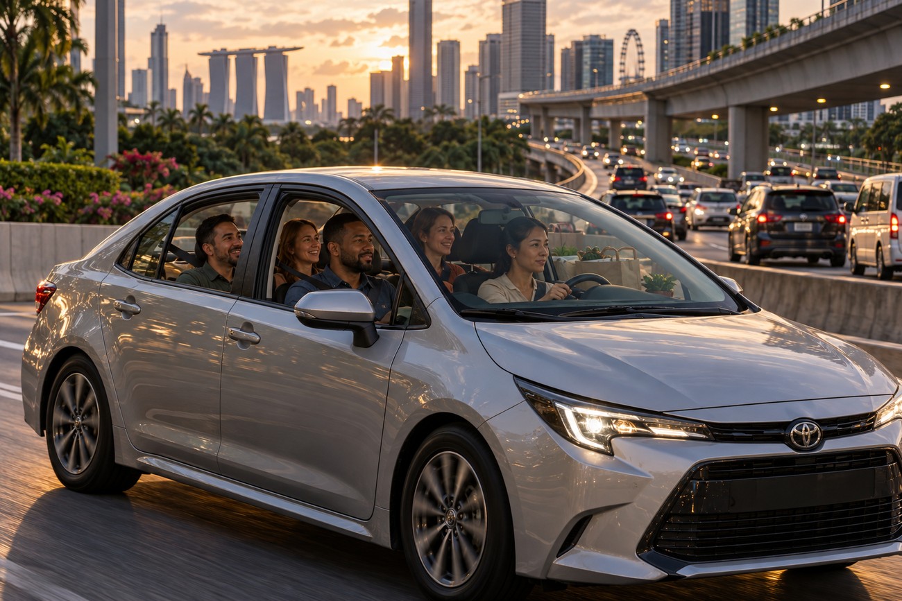 A group of happy passengers riding in a silver Toyota Corolla on a highway in Singapore during sunset