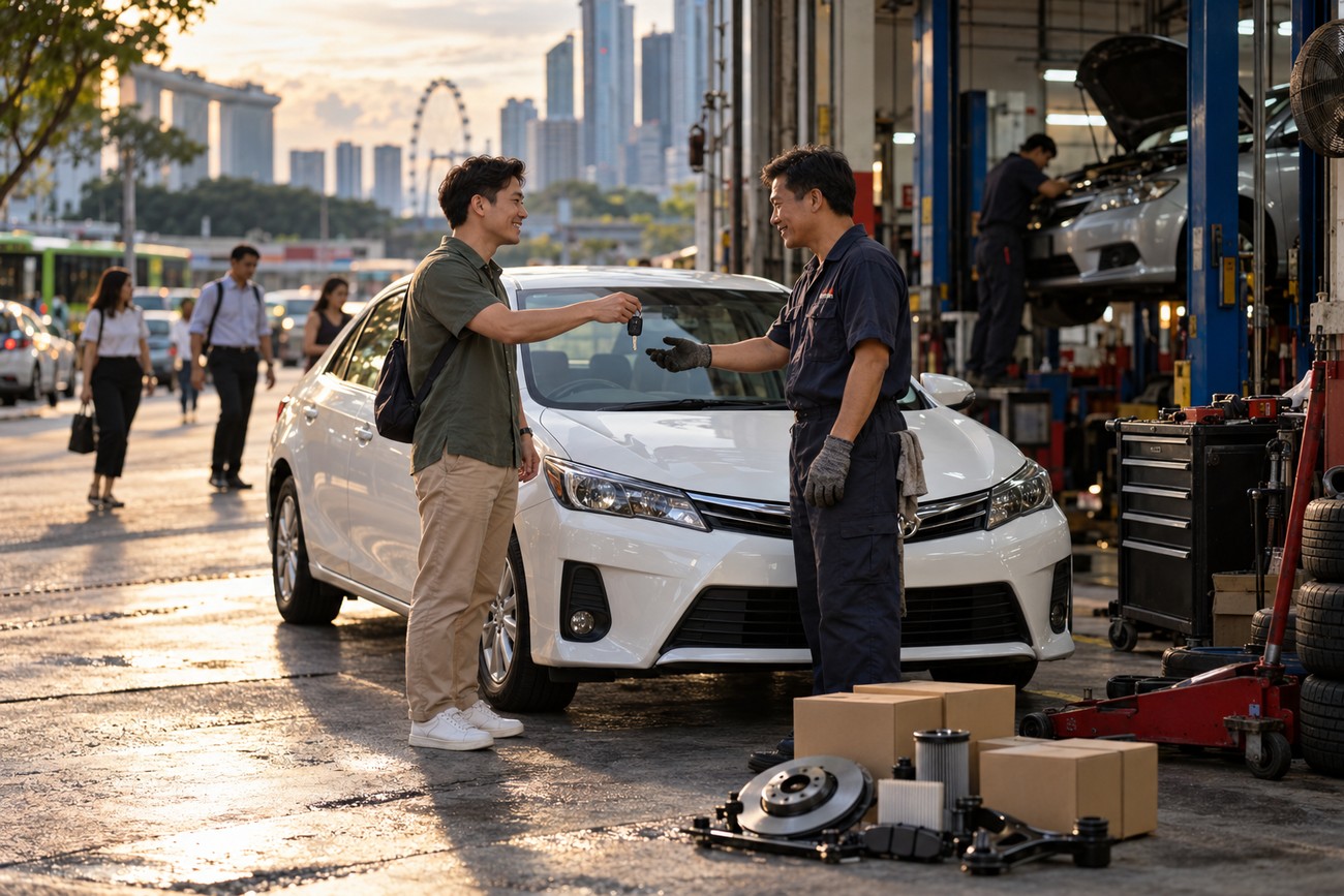 A smiling car owner handing keys to a mechanic in front of a white Toyota Corolla at a service workshop with Singapore skyline in the background