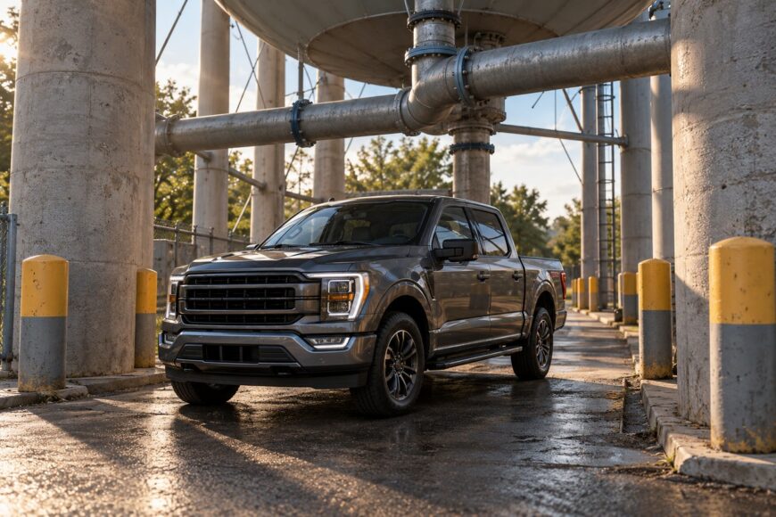 A modern grey Ford F-150 pickup truck parked on wet ground under an industrial concrete water tower structure with large metal pipes