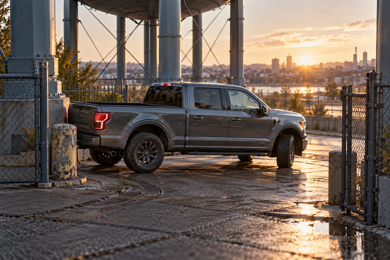 A gray Ford F-150 pickup truck parked on wet ground beneath a large industrial water tower during a golden sunset