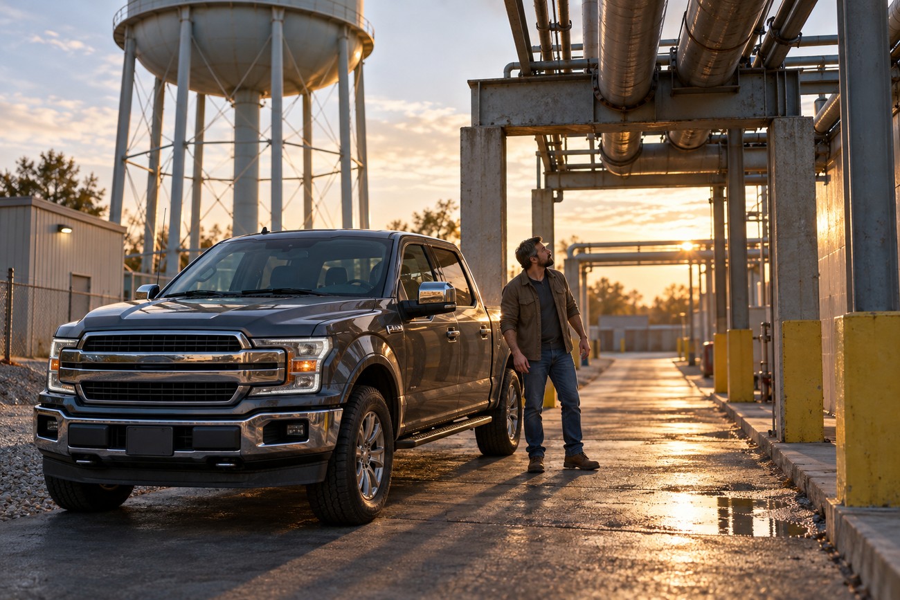 A man standing next to a dark gray Ford F-150 parked under a large water tower at an industrial facility