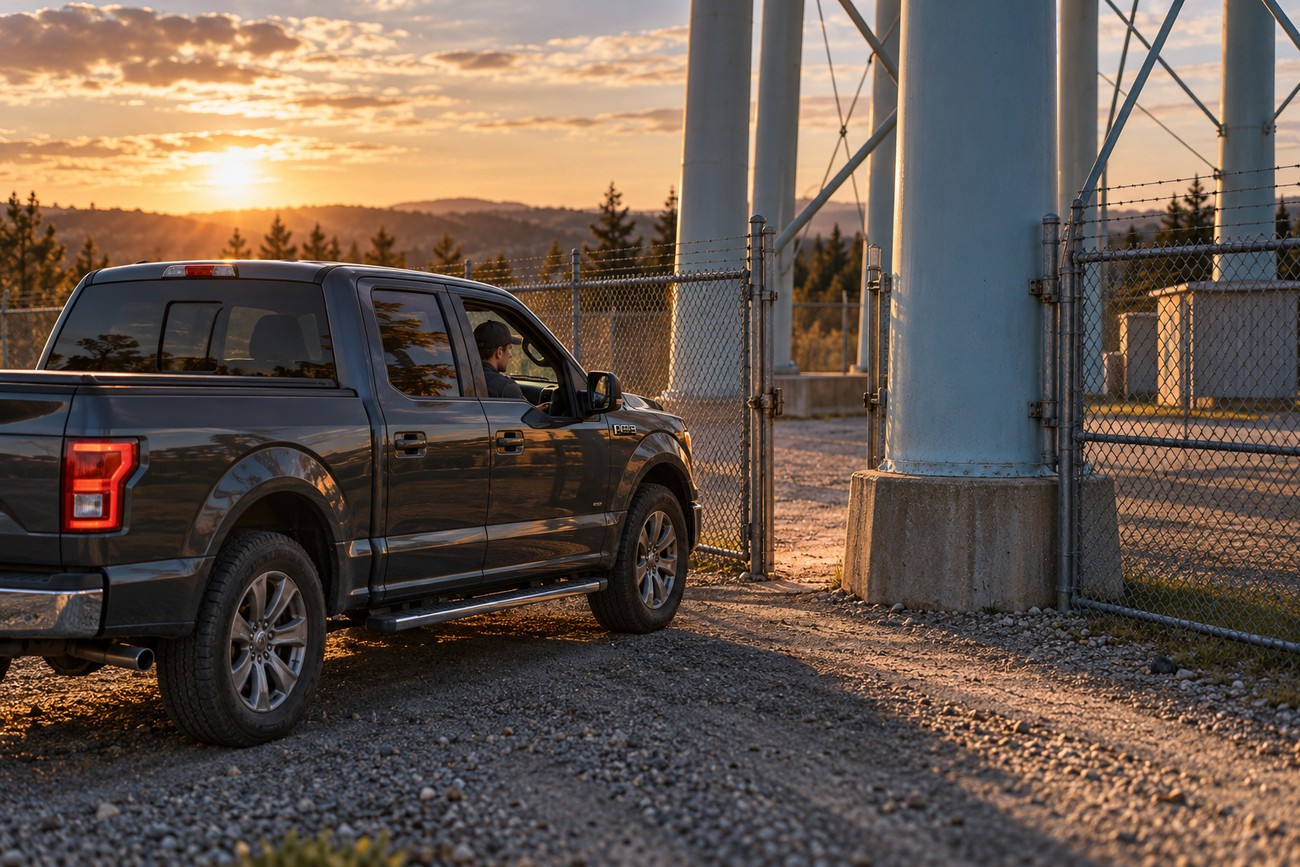 A dark gray Ford F-150 pickup truck parked near a large water tower during a golden sunset