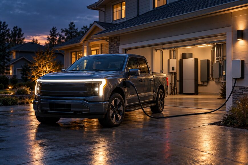 A Ford F-150 Lightning electric truck parked in a wet driveway while connected to a home backup power system in an open garage at dusk