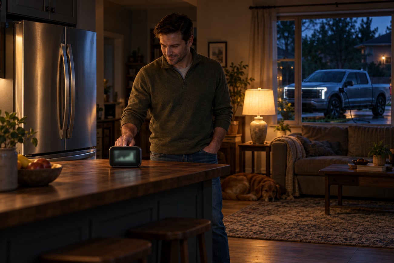 A man standing in a cozy kitchen checking an energy monitor while a Ford F-150 Lightning truck is connected to the house outside