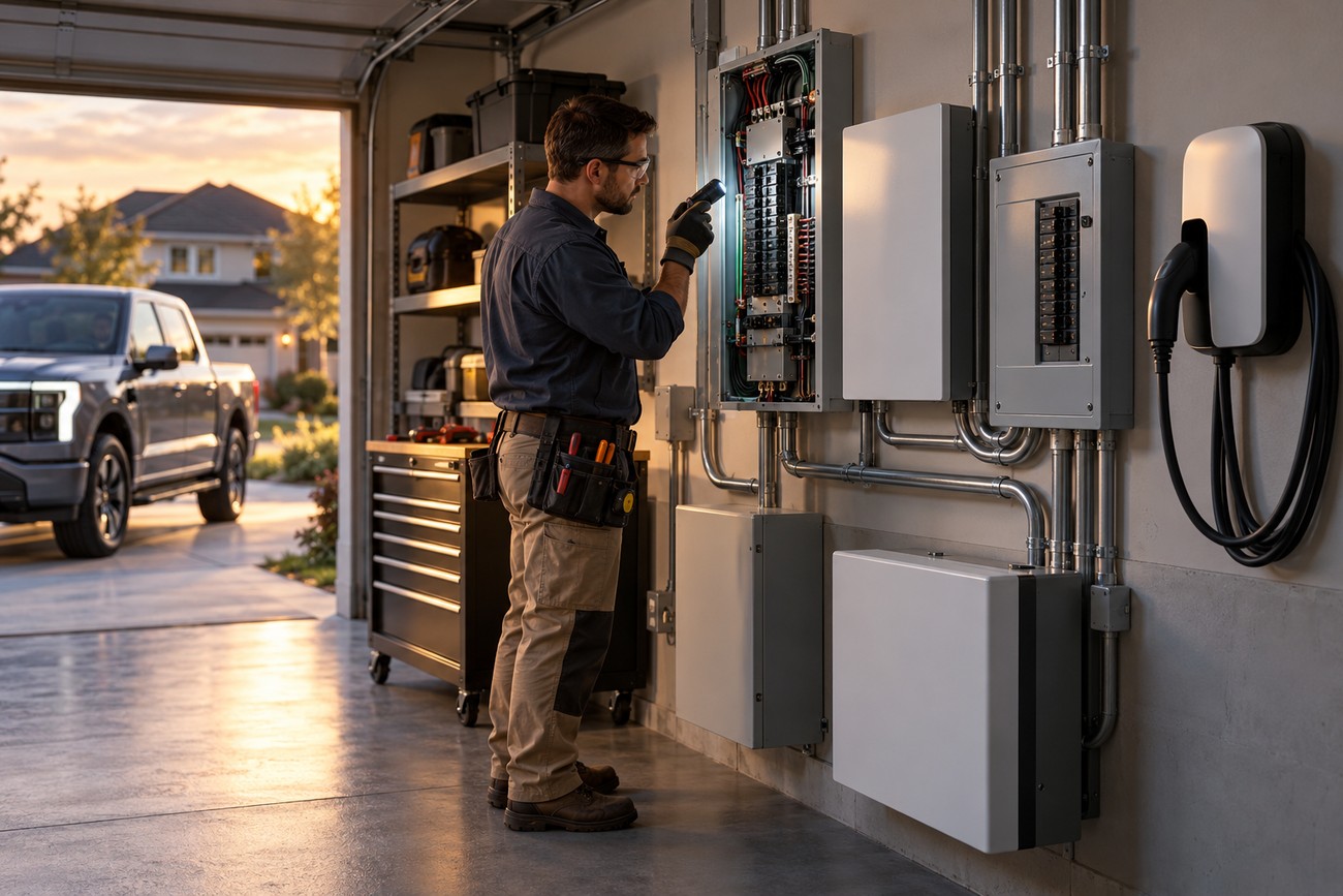 An electrician inspecting a home electrical panel and inverter setup in a garage next to an EV charger with a Ford F-150 Lightning parked outside