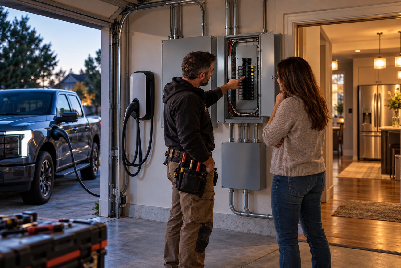 An electrician points to an open home electrical panel while talking to a female homeowner in a garage next to a parked Ford F-150 Lightning