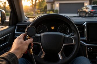 Driver holding a tire pressure gauge inside a car with the TPMS warning light glowing on the dashboard