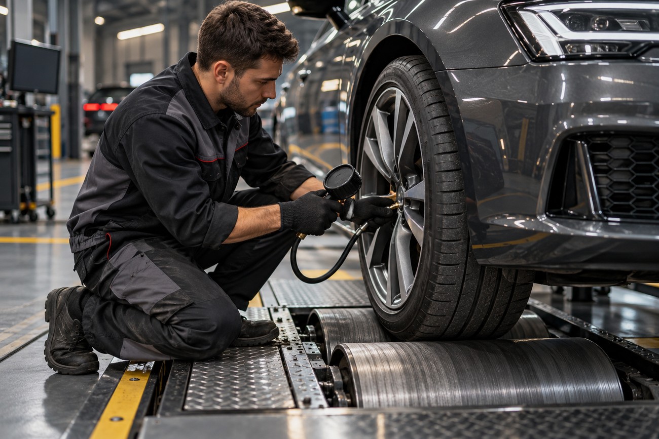 Mechanic wearing black work uniform checking tire pressure of a car wheel in an auto repair shop