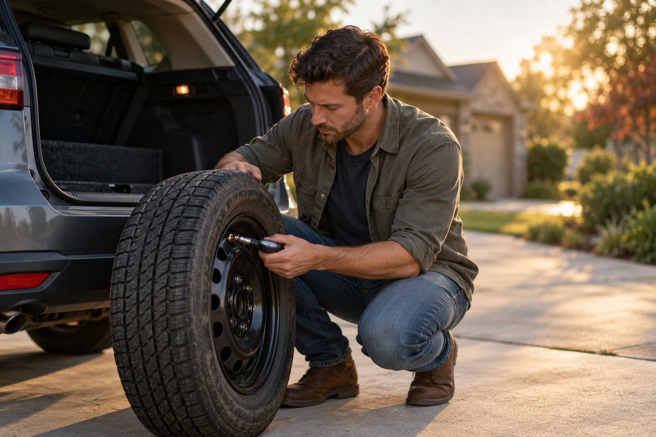 A man in a driveway kneeling and checking the pressure of a car tire with a pressure gauge