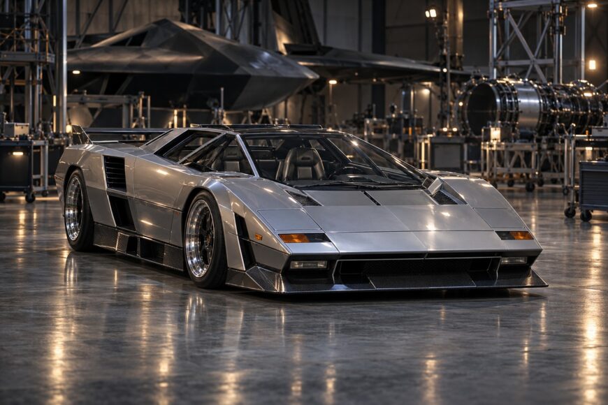 Silver Vector W8 supercar parked on a concrete floor inside an aerospace hangar with industrial equipment in the background