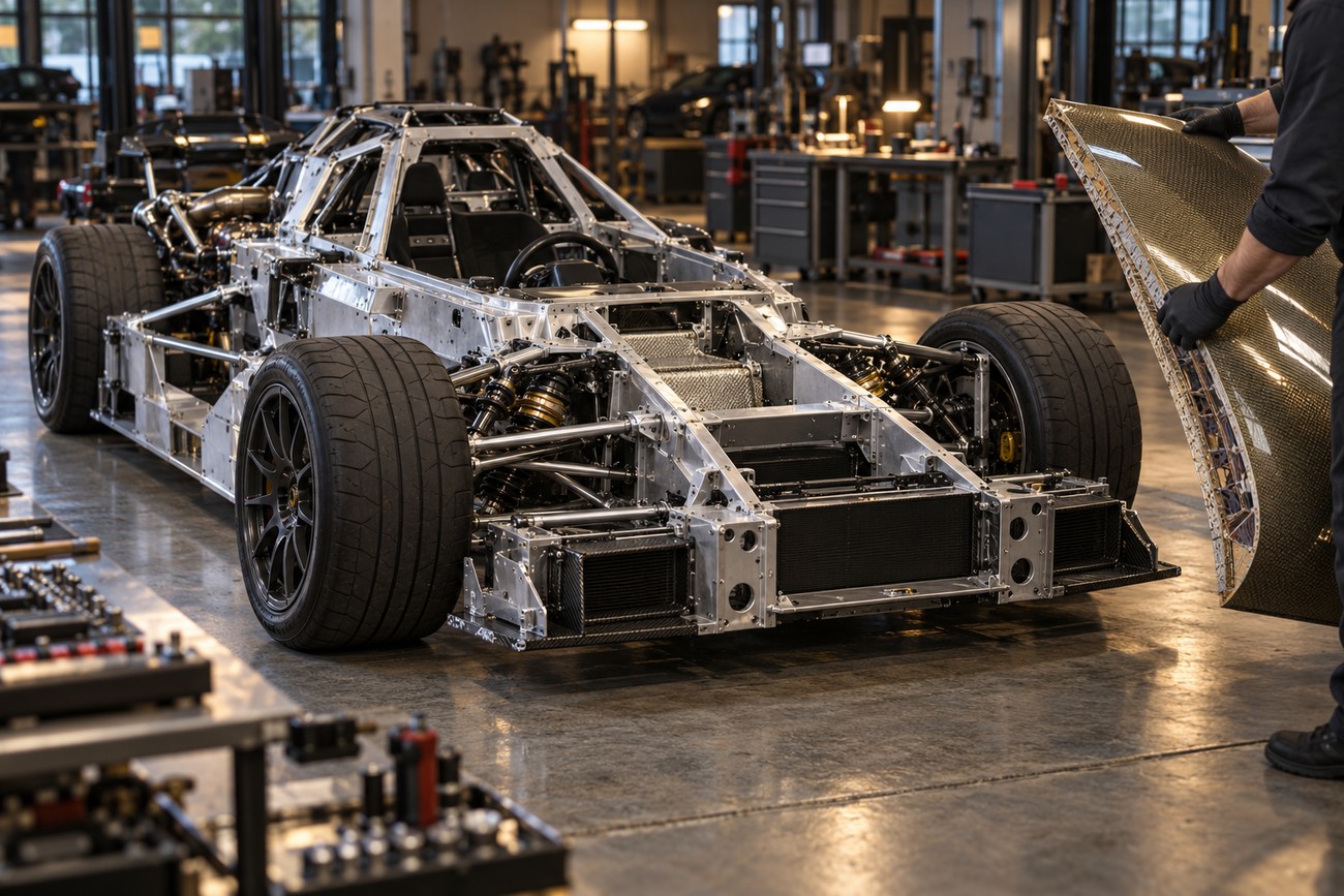 A mechanic holding a composite honeycomb panel next to the bare aluminum chassis and suspension of a Vector W8 supercar inside a manufacturing facility