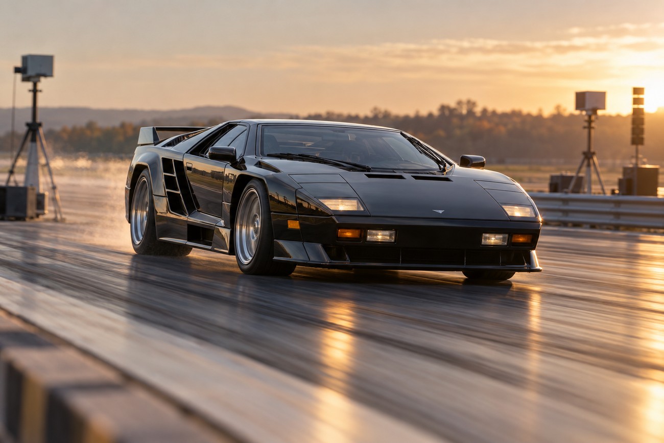 A black Vector W8 supercar accelerating rapidly on a wet test track during a dramatic sunset