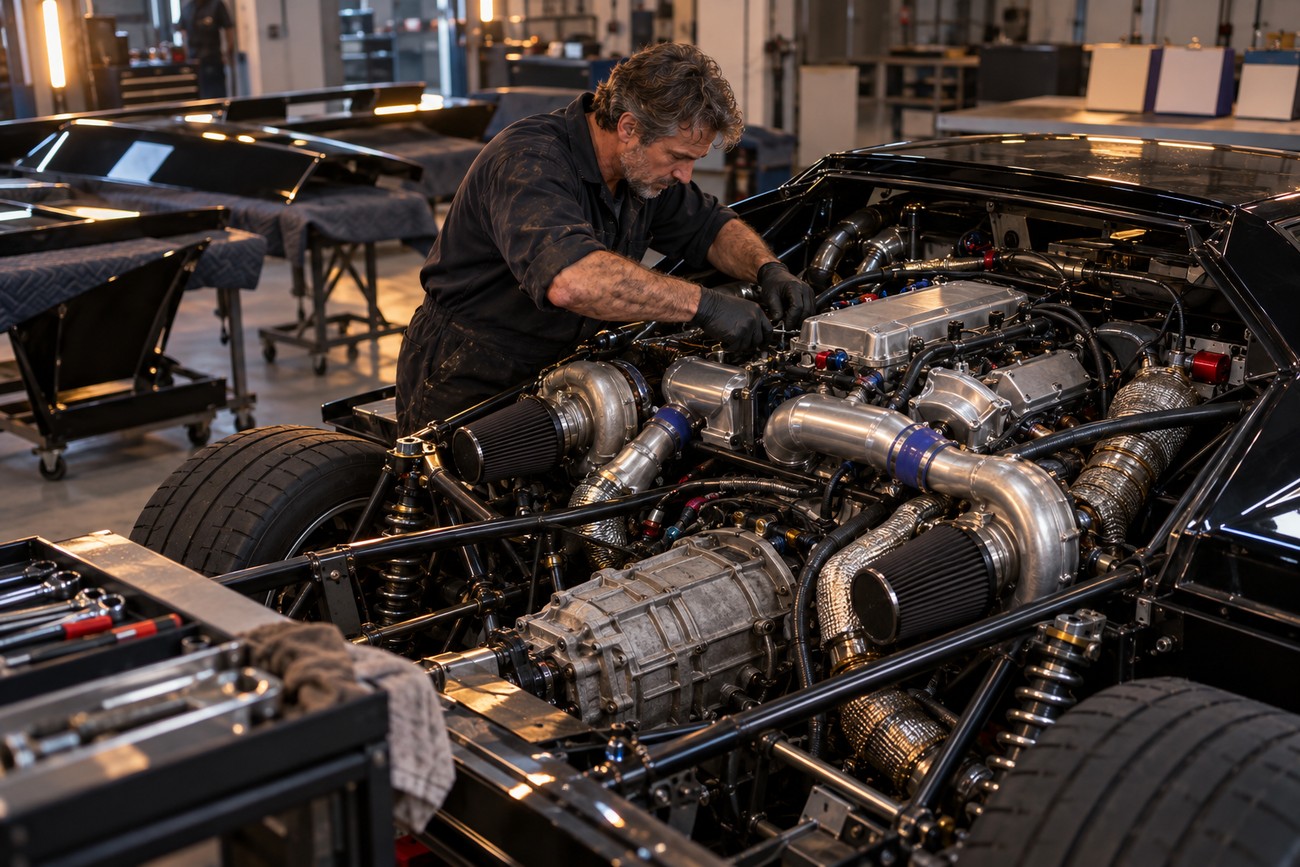 A skilled mechanic wearing gloves works on the complex twin-turbo engine bay of a black Vector W8 supercar inside a workshop
