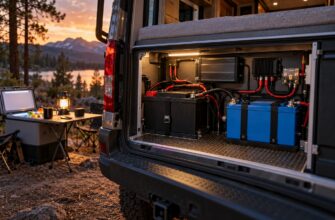 Auxiliary battery setup with black and blue batteries installed in the open rear storage compartment of a camper van parked by a scenic lake at sunset