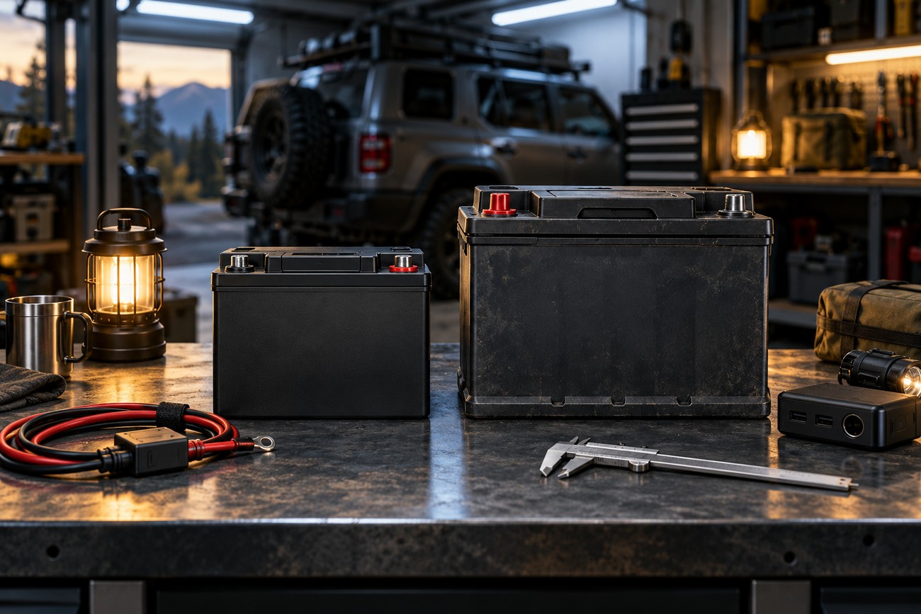 Two black auxiliary camping batteries and jumper cables on a workbench with an off-road vehicle parked in the garage