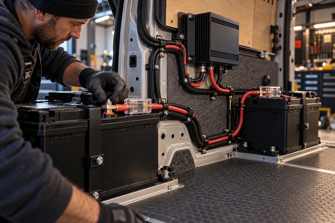 A man wearing work gloves connects heavy red cables to an auxiliary battery installed in a camper van